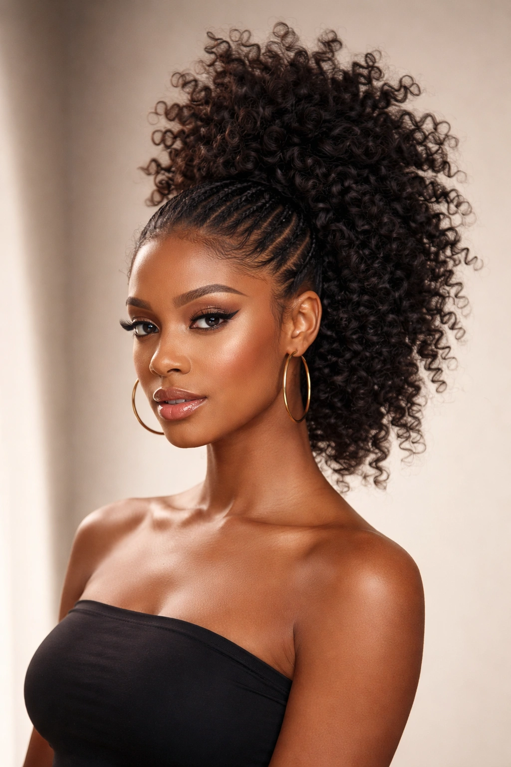 Head-on portrait of curly mohawk crochet ponytail with curls standing upright
