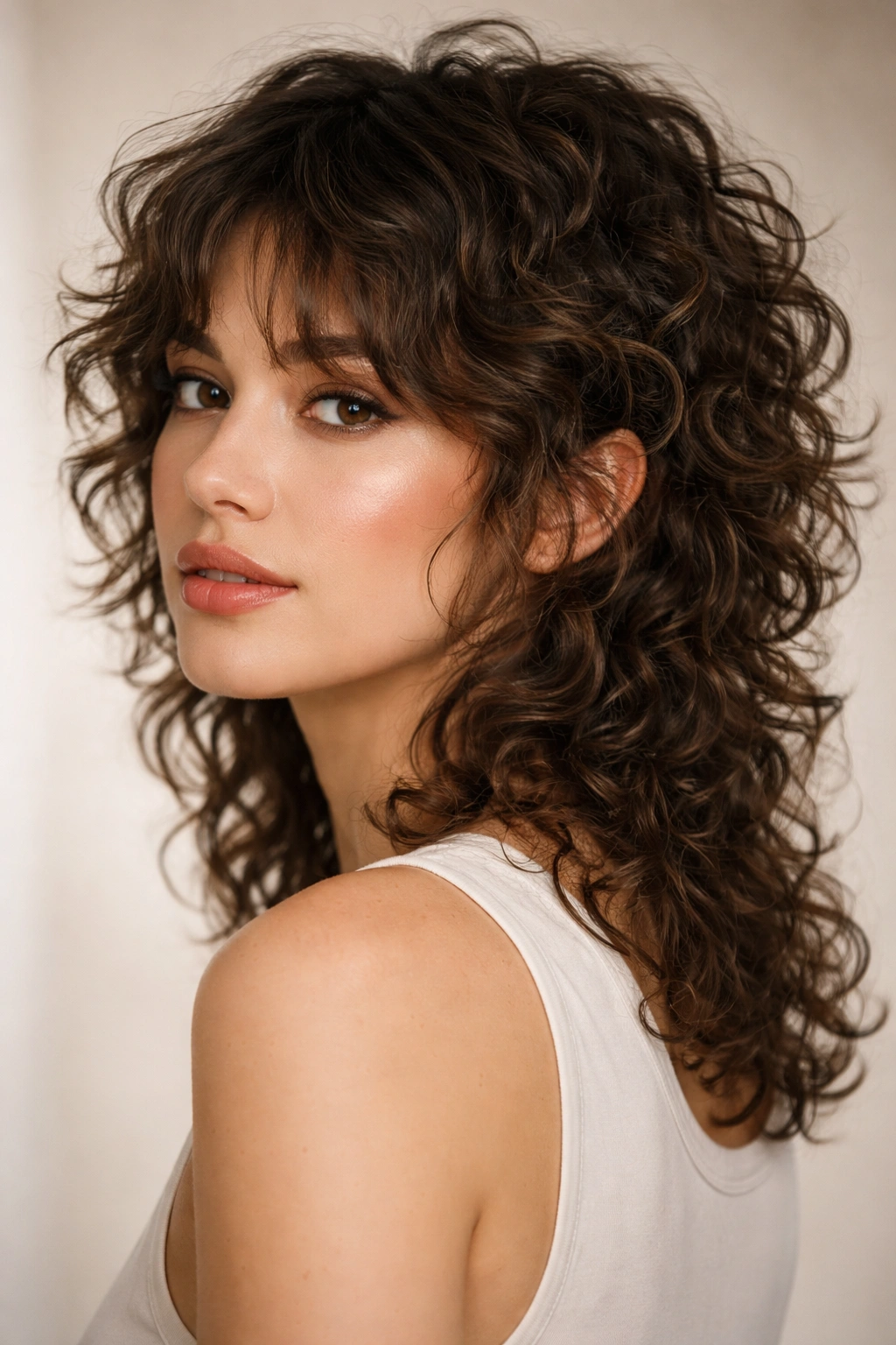 Curly mullet with curtain bangs portrait.