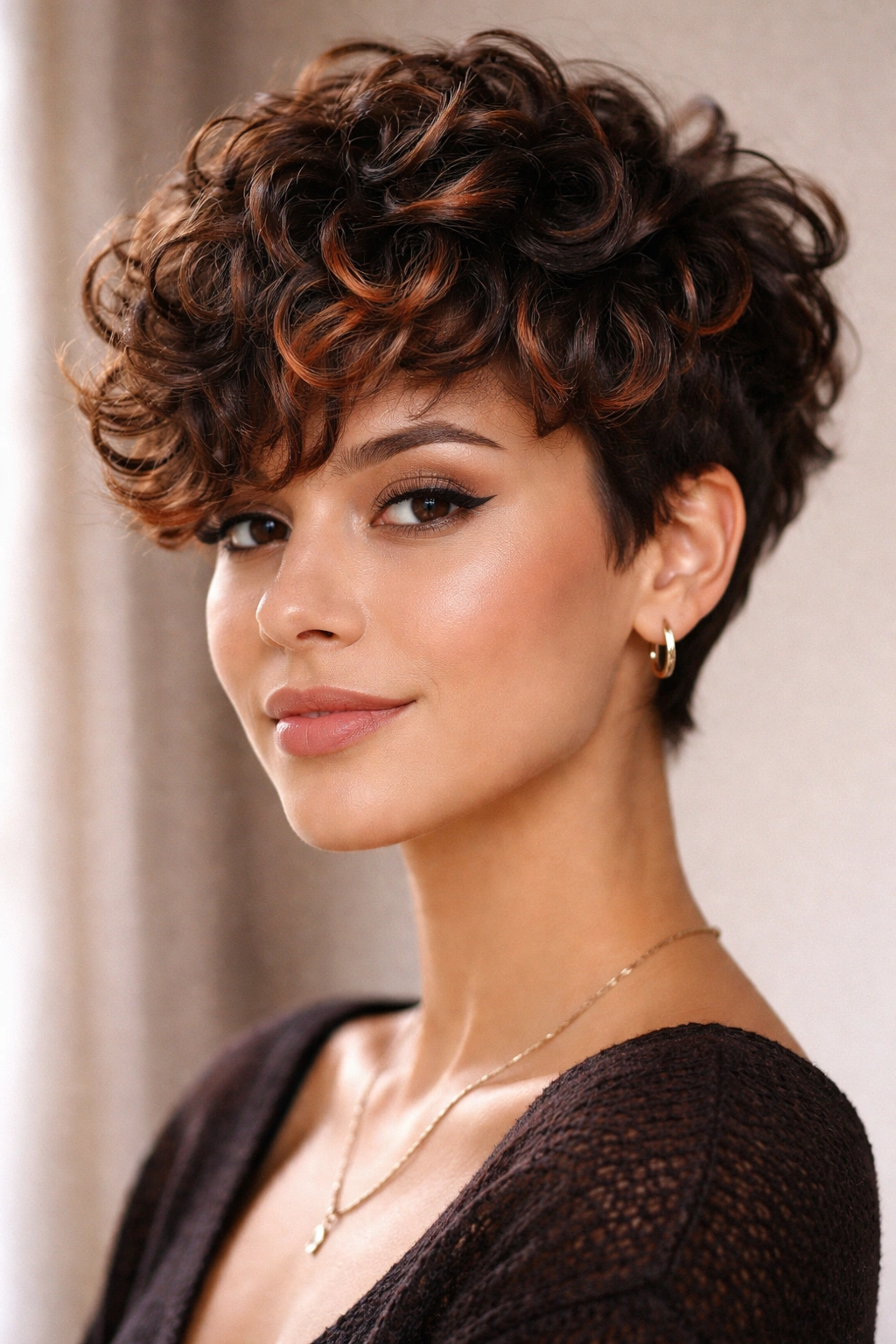 Curly pixie cut with copper highlights catching light