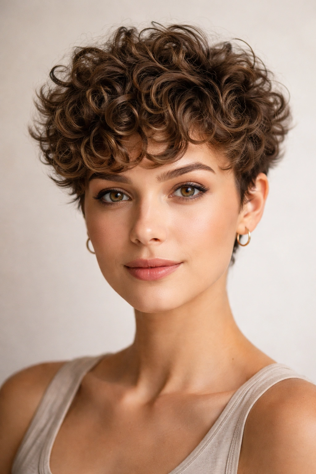 Frontal view of curly pixie crop with uniform length and defined curls.