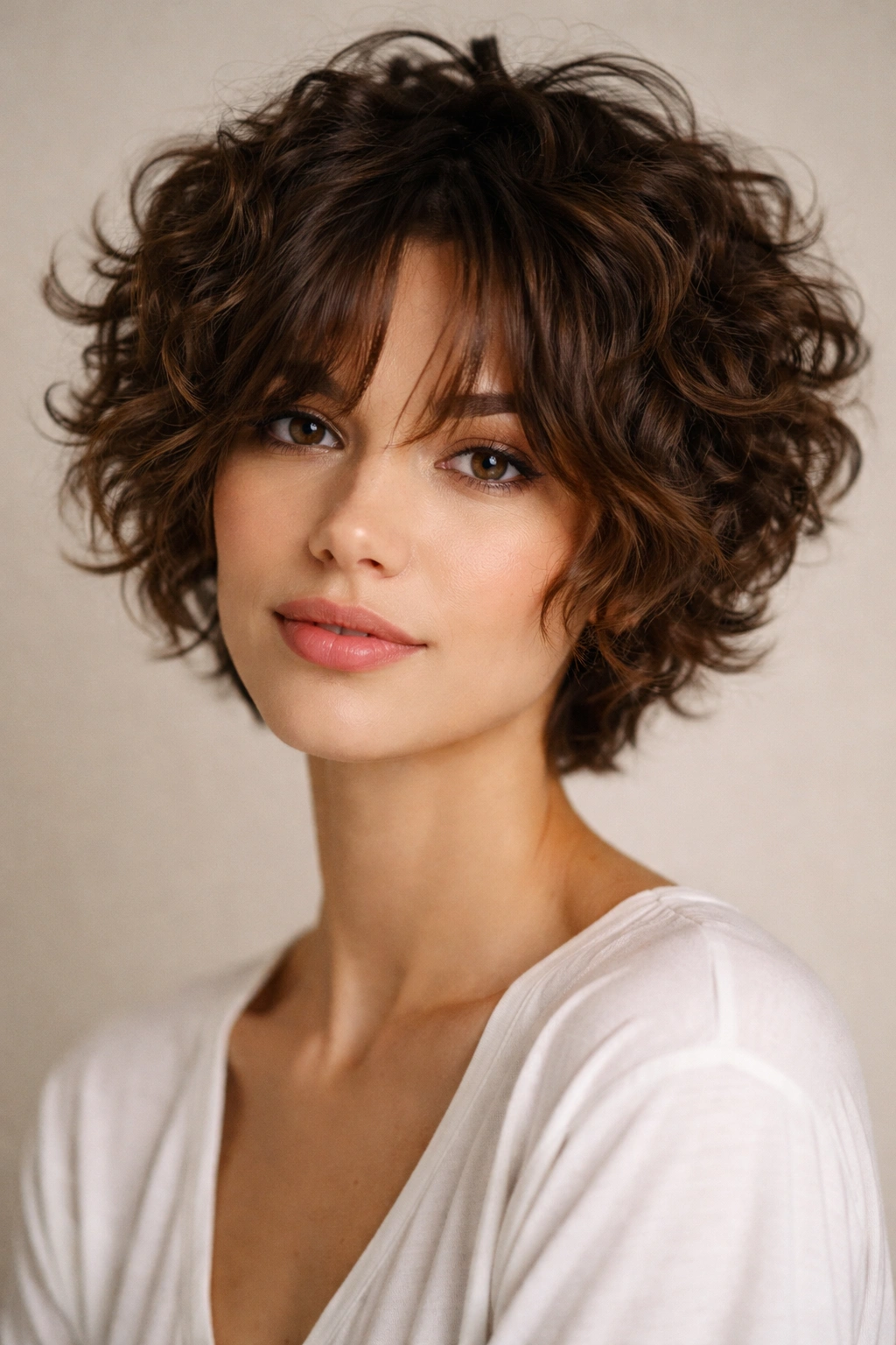 Curly pixie cut with long curtain bangs framing the face