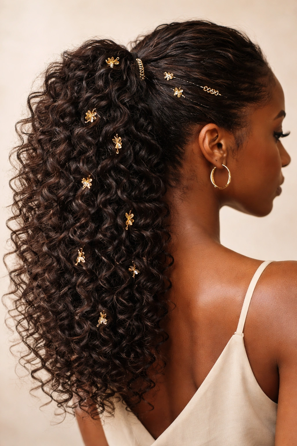 Curly ponytail with cuffs and clips woven through curls