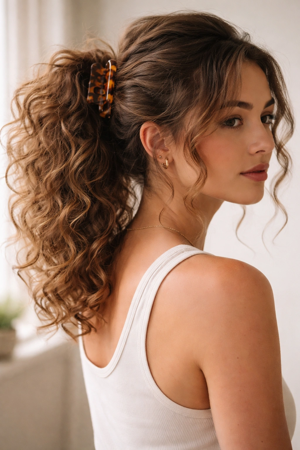 Curly ponytail secured with claw clip and undone texture
