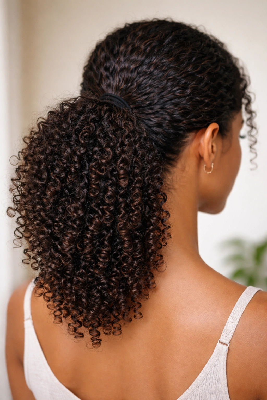 Back view of a defined curly ponytail at the nape with clearly separated coils.