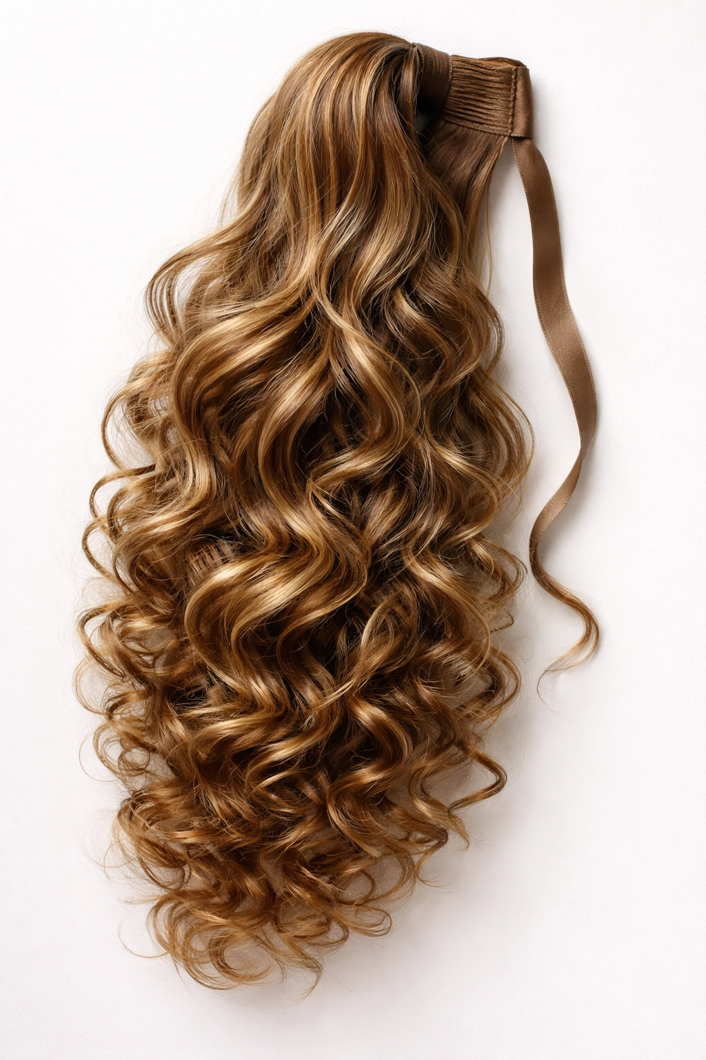 Close-up of a curly ponytail extension with defined curls and volume