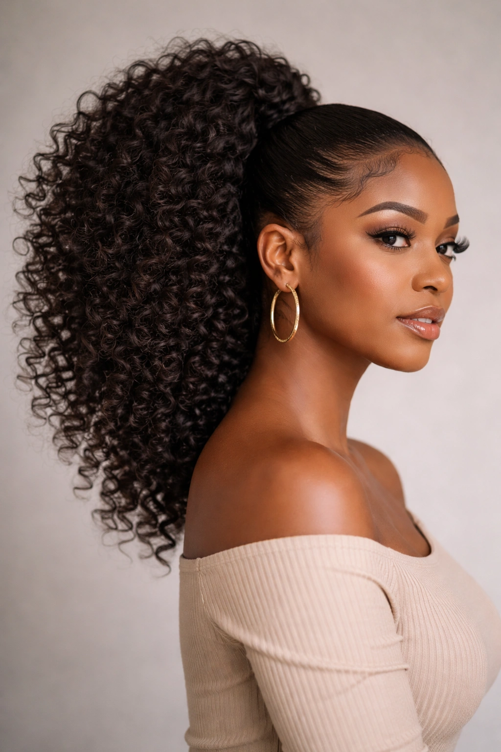 Close-up of a curly voluminous ponytail on a Black woman.