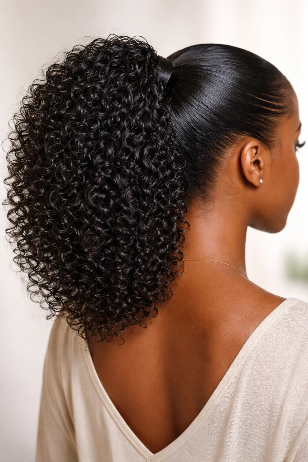 Back view of a high ponytail with gel-defined curls, showcasing textured curls