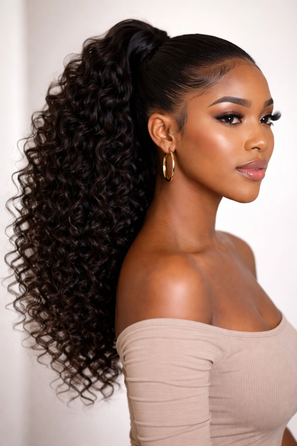 Curly weave ponytail with defined waves and volume