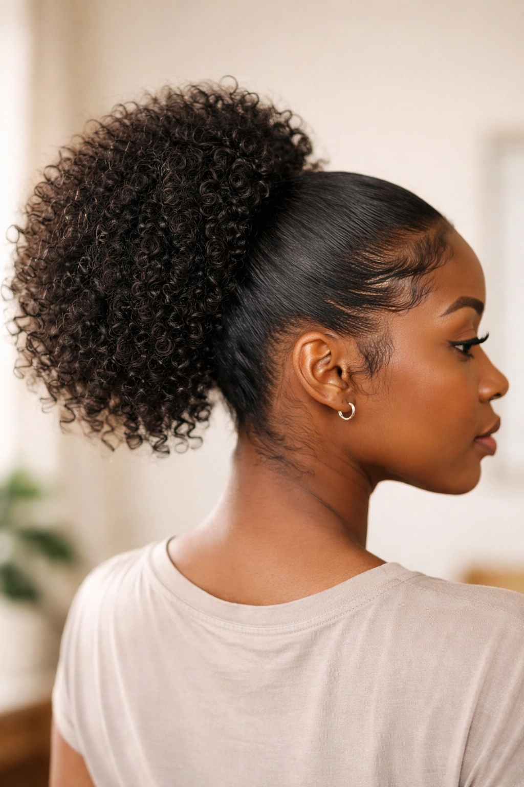 Curly puff ponytail with a soft base and smooth hairline edges