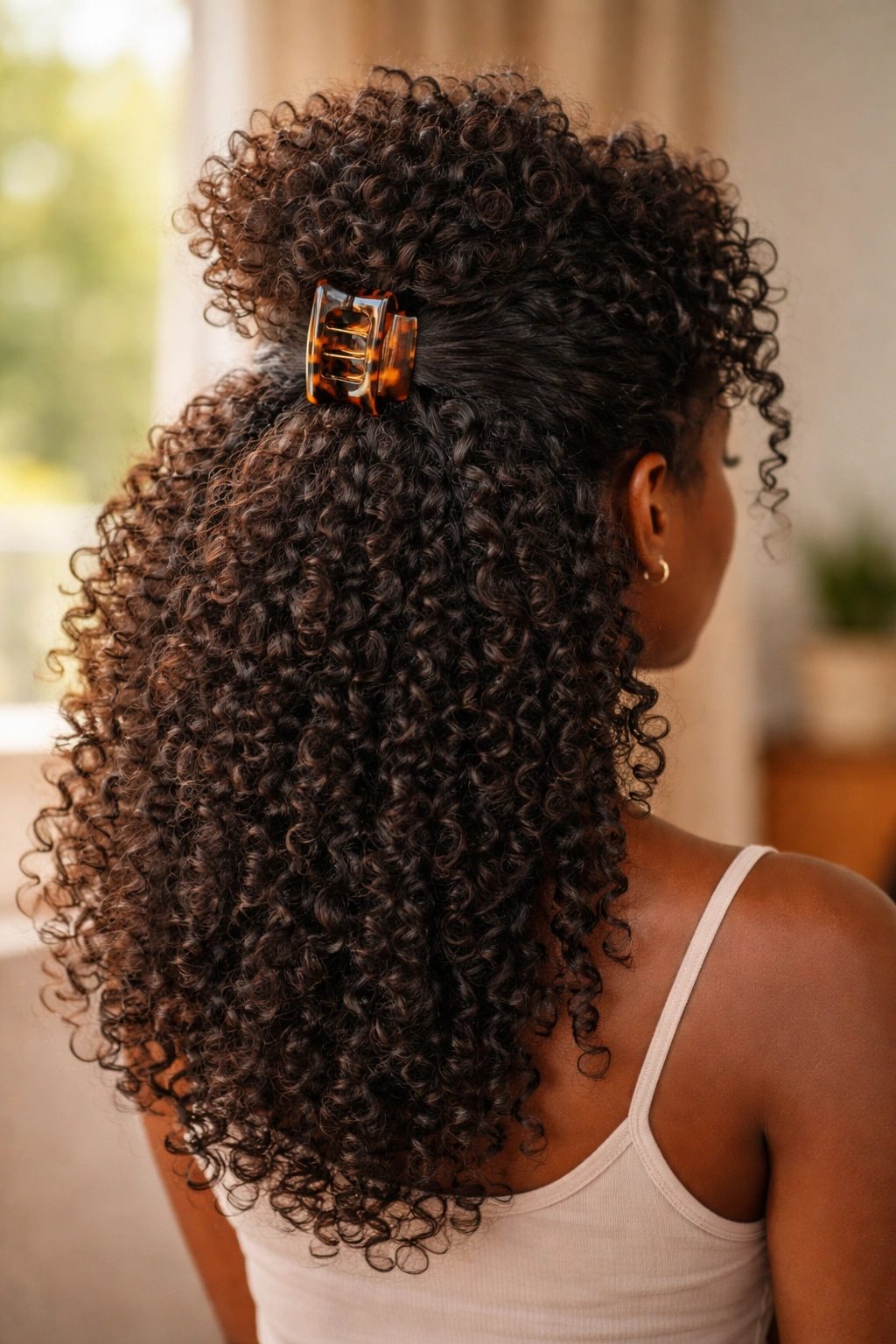 Crown of defined curls in a puff secured with a claw clip, curls flowing down