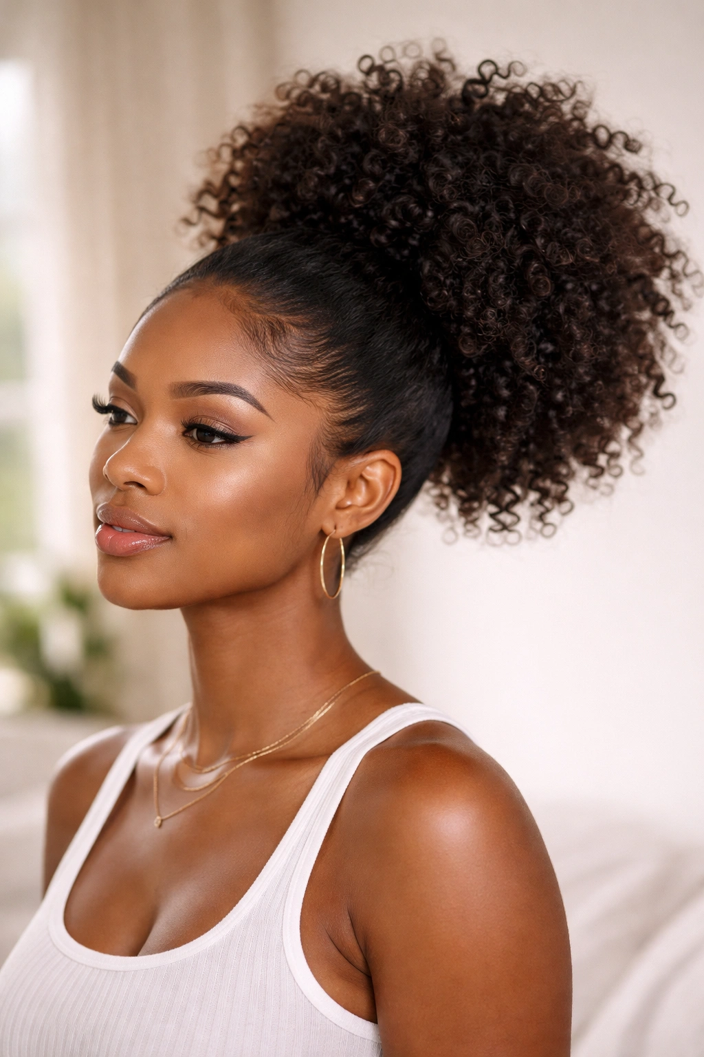 Close-up of a Black woman with a curly puff ponytail and defined curls