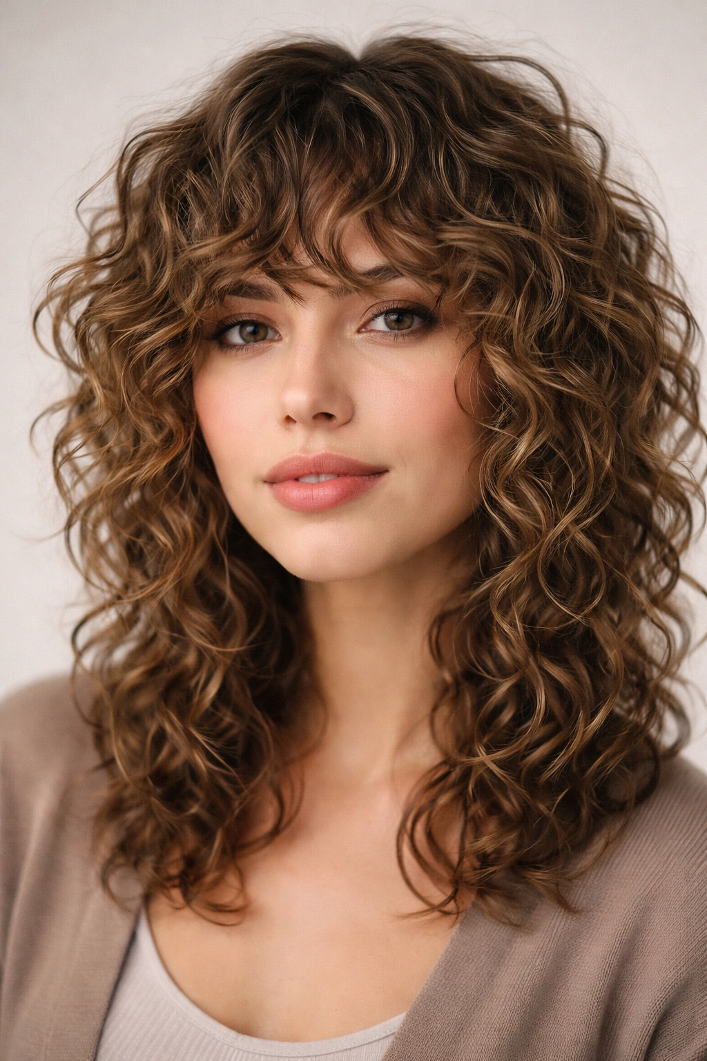 Portrait of a person with curly shag hairstyle showing layered, defined curls