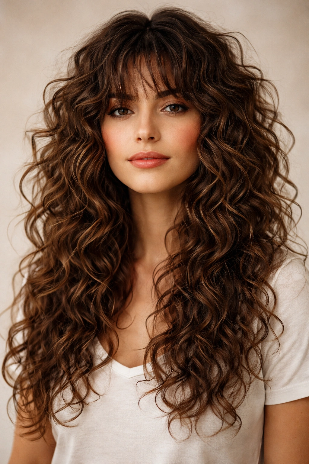 Long curly shag with defined curls and layered framing