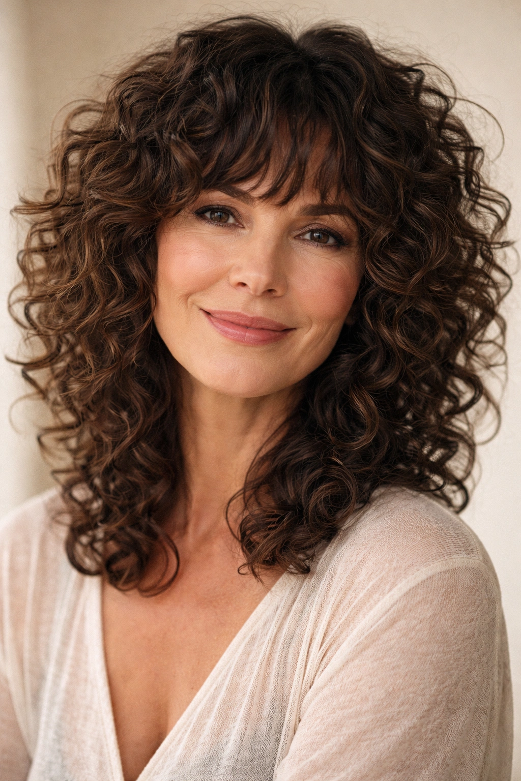 Portrait of a woman with curly shag hairstyle tailored for spiral curls showing defined curls and texture.
