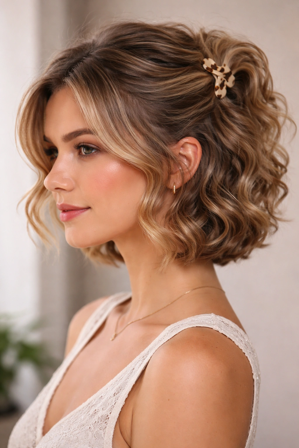 Close-up of short curly hair with the top half pinned back and a clip