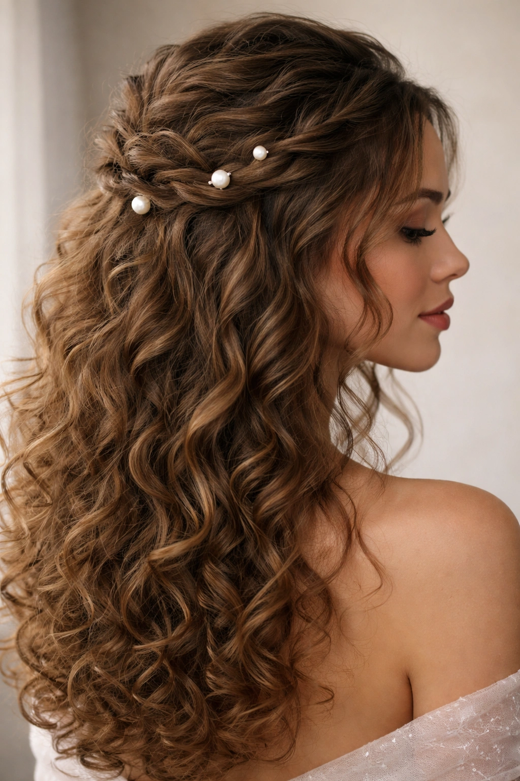 Soft braided half-up hairstyle with pearl pins and curly texture