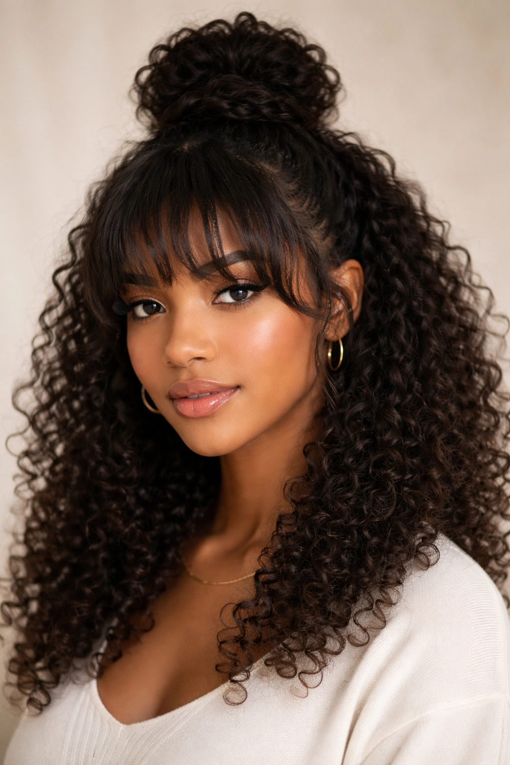Close-up of curly top-knot half-up hairstyle with soft rounded bangs on natural hair.