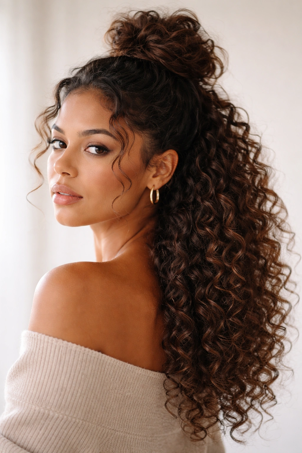Curly hairstyle featuring a loose topknot half-up with cascading curls