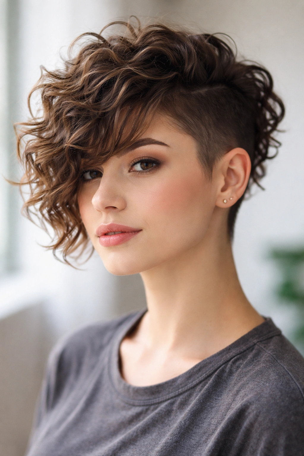Curly undercut with side-swept bangs on curly hair portrait