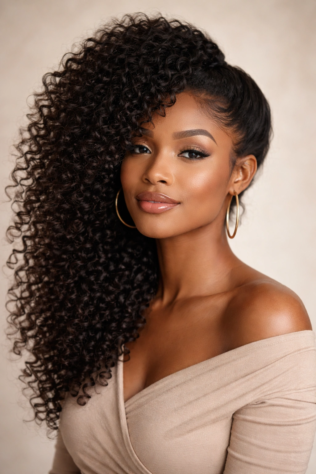 Portrait of a Black woman with curly voluminous side ponytail showing defined curls