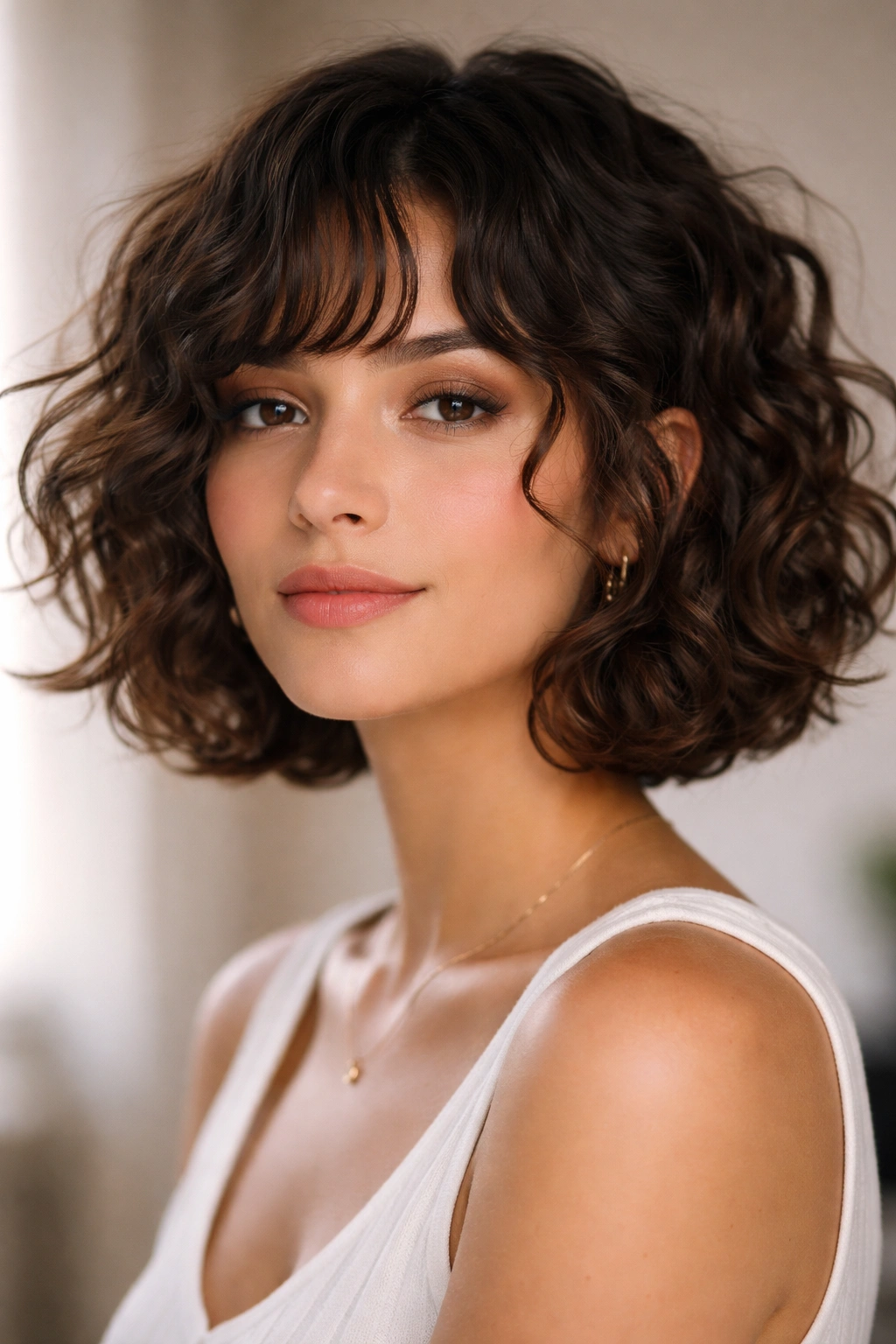 Close-up of a model with curly-hair friendly wavy French bob and defined curls