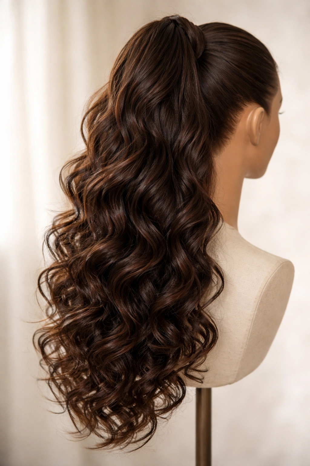 Close-up of a curly and wavy ponytail extension with defined curls