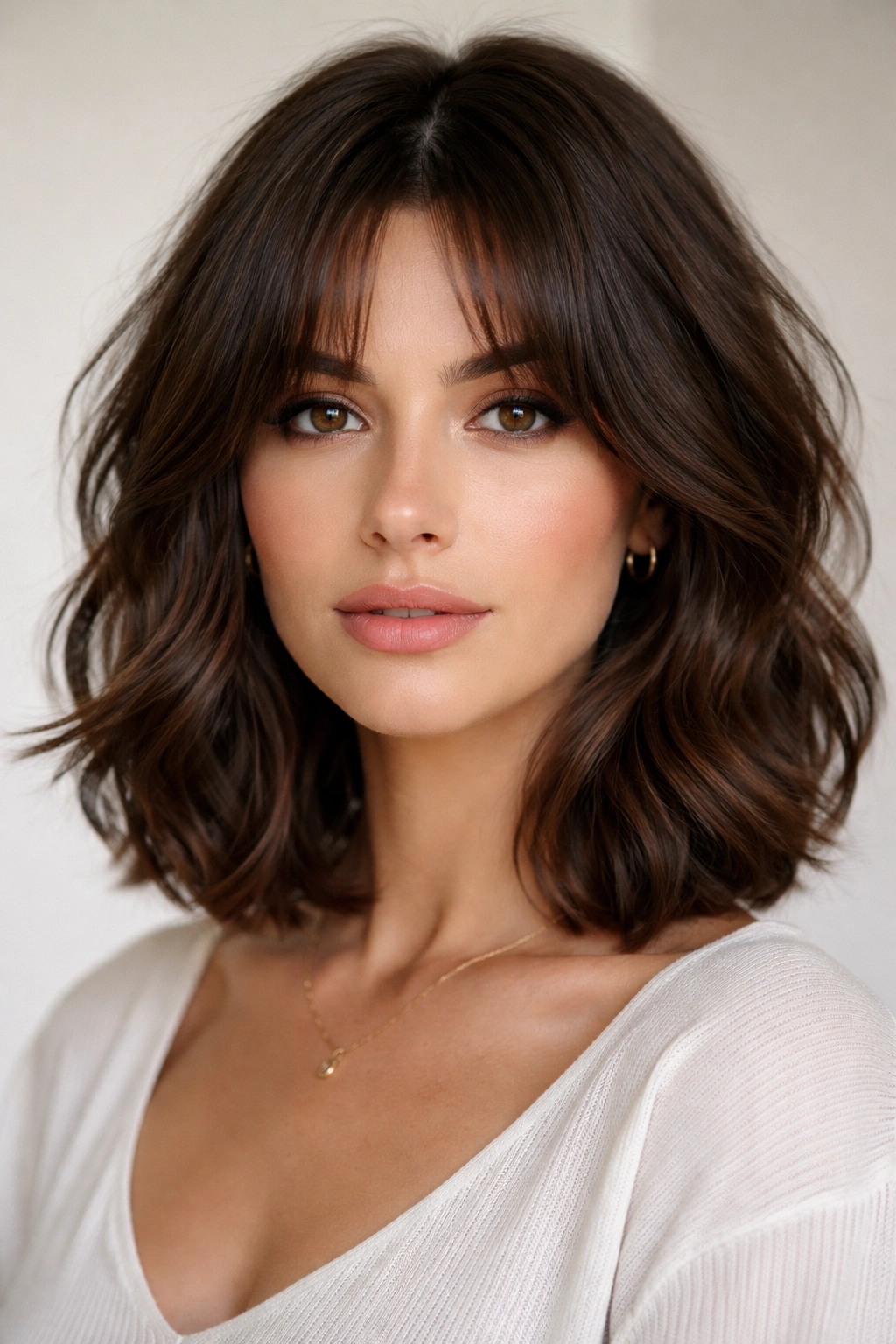 Brown wavy bob with curtain bangs framing the face.