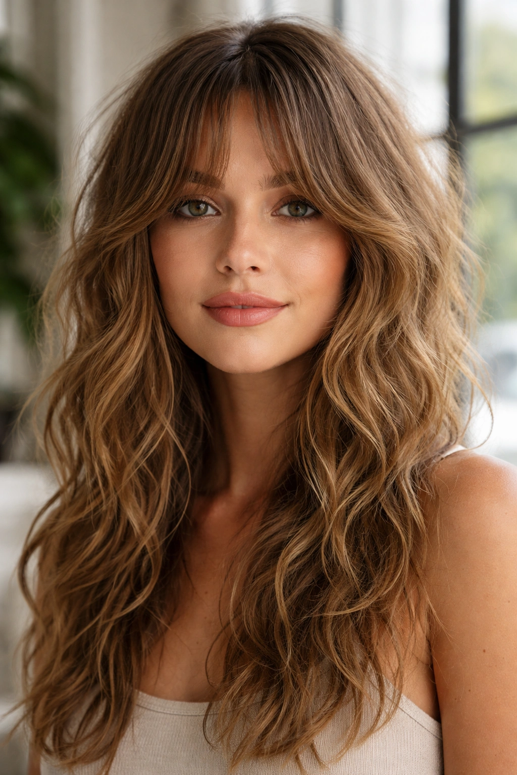 Close-up of curtain bangs with beach wave texture on frizzy hair