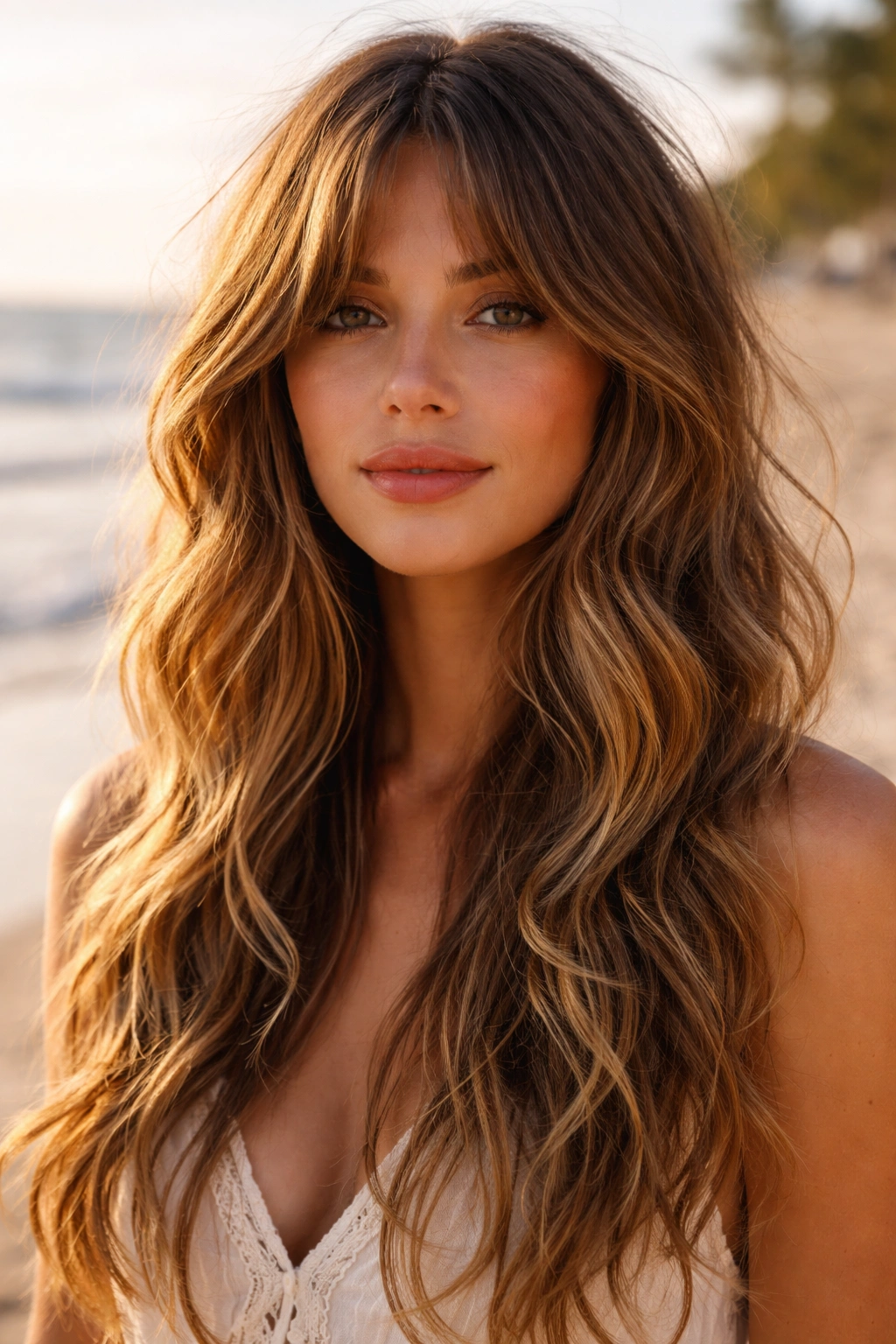 Close-up portrait of hair with curtain bangs and long beachy waves