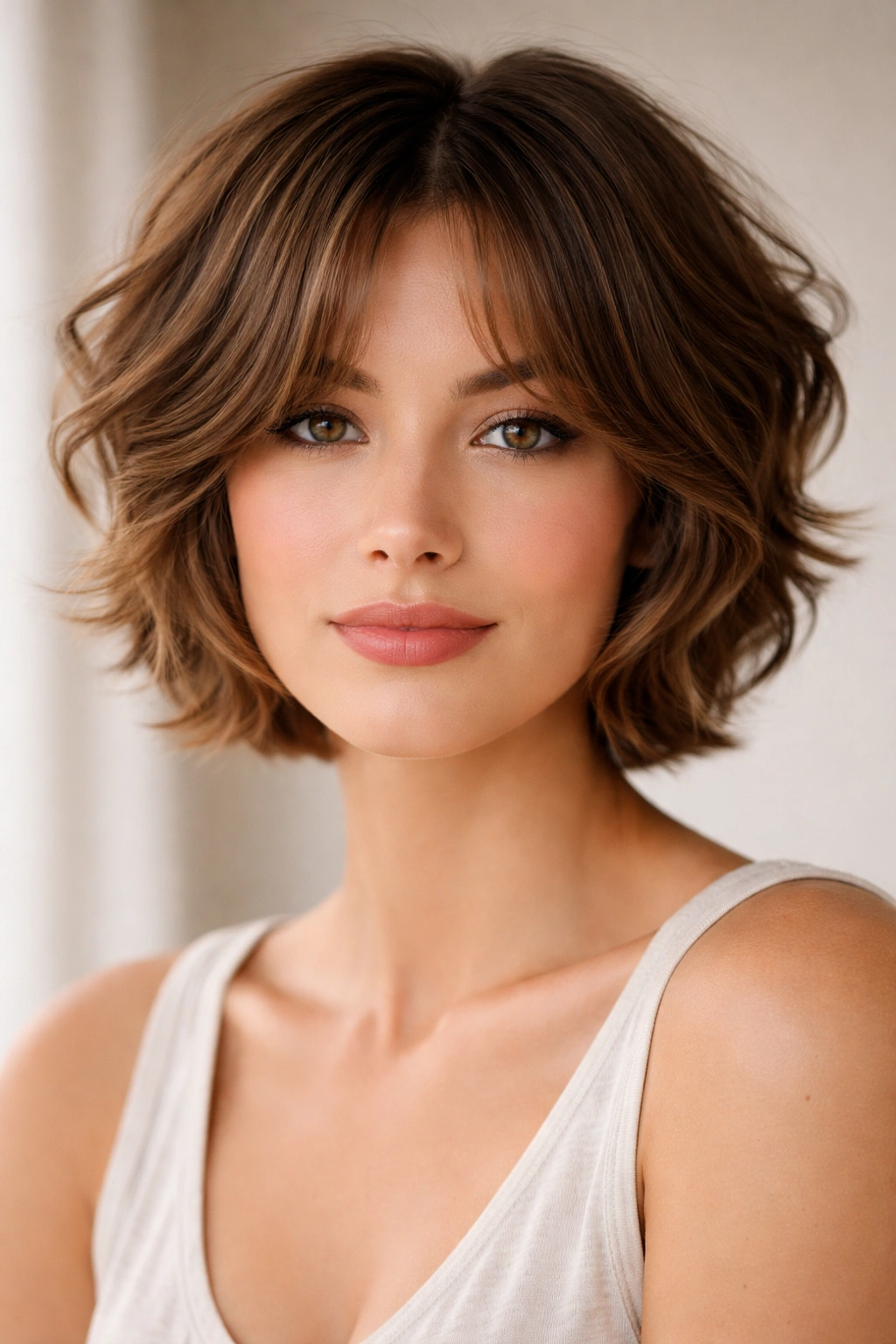 Face-framing curtain bangs with wavy bixie hairstyle in head-and-shoulders portrait
