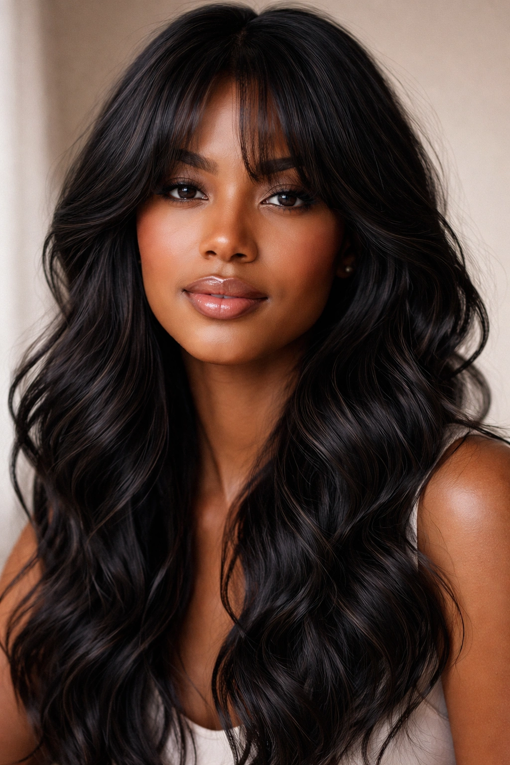 Close-up of a person with black wavy hair and curtain bangs framing the face