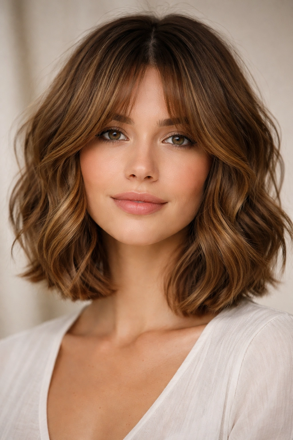 Close-up of curtain bangs bob with long front pieces framing the face