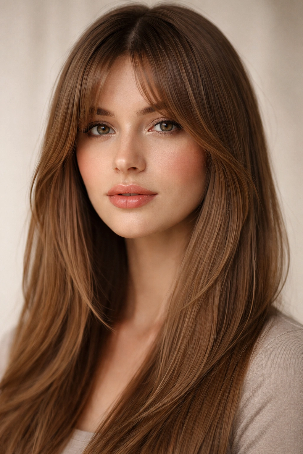 Close-up of curtain bangs framing the face with center part.