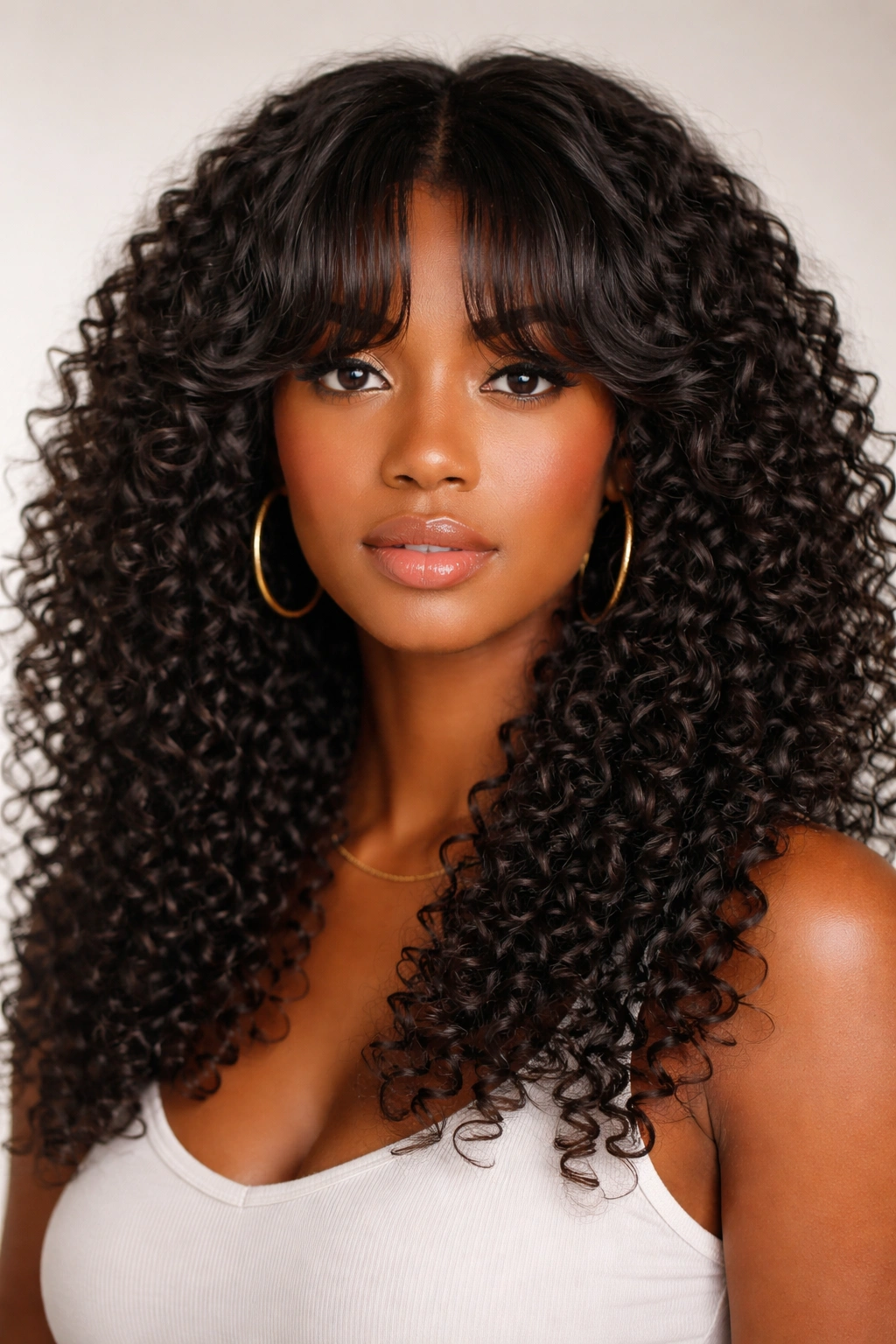 Close-up portrait showing tight coils and defined waves with curtain bangs on black hair