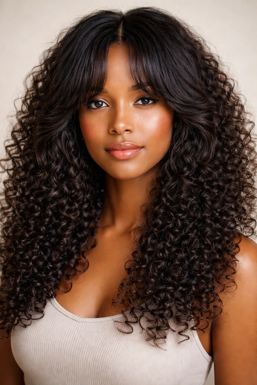 Portrait of a person with deep center part curtain bangs on coily curls
