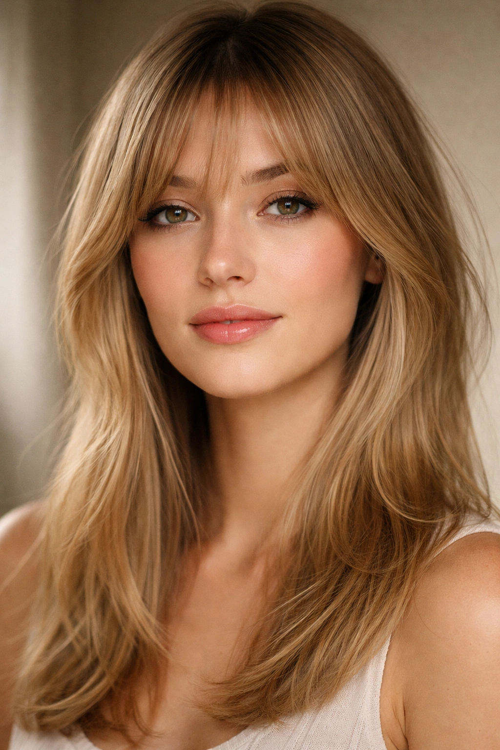 Studio portrait showing softly feathered curtain bangs with minimal product