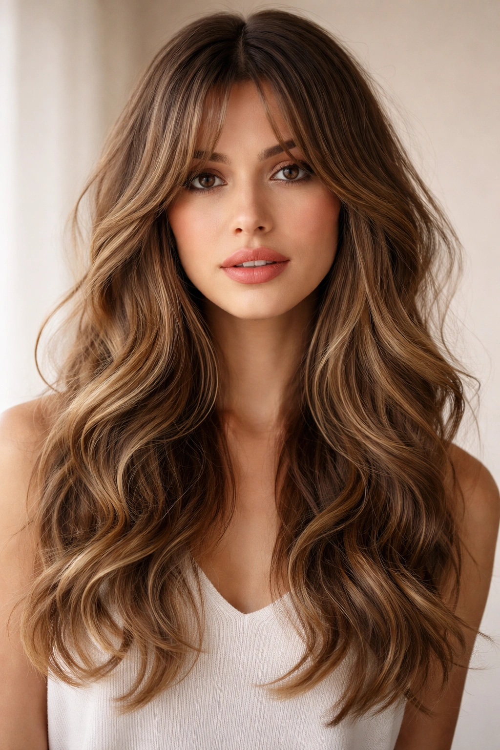 Front view of curtain bangs with flowing layers framing soft waves