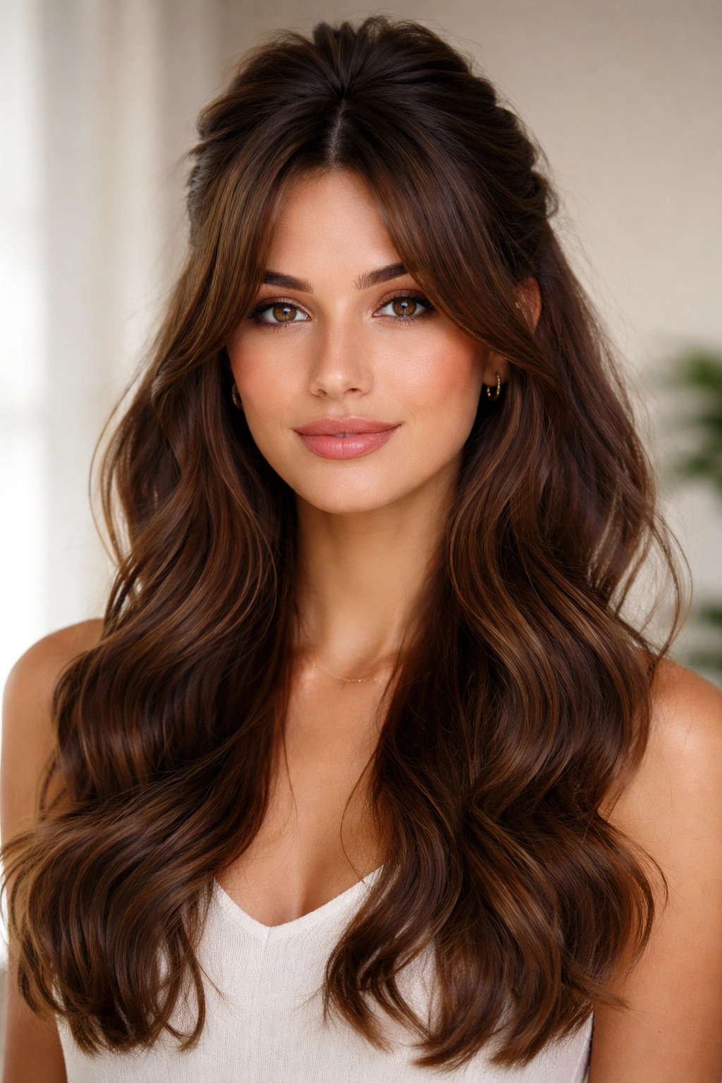 Half-up half-down hairstyle with curtain bangs effect on brown wavy hair