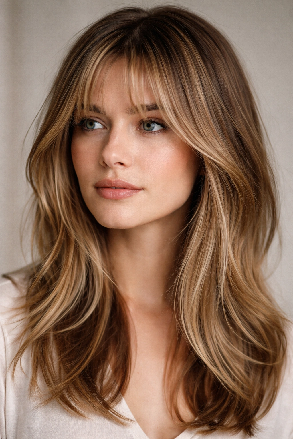 Curtain bangs showing internal highlights and color dimension