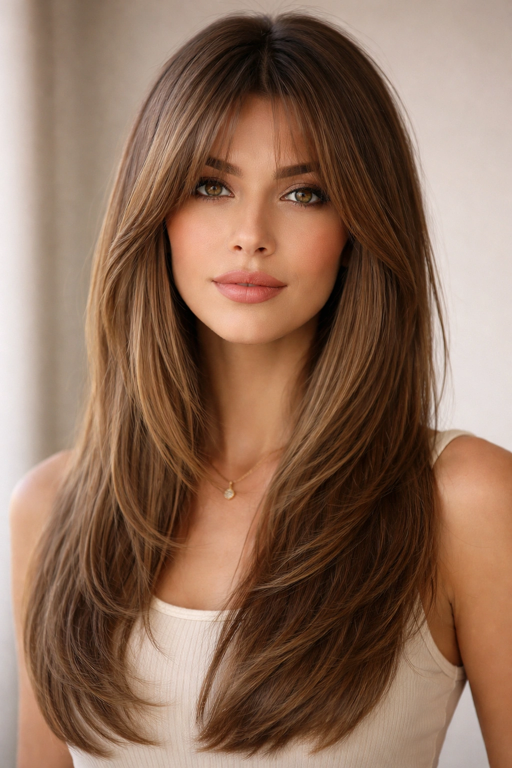 Close-up of straight hair with curtain bangs integrated into layered cut