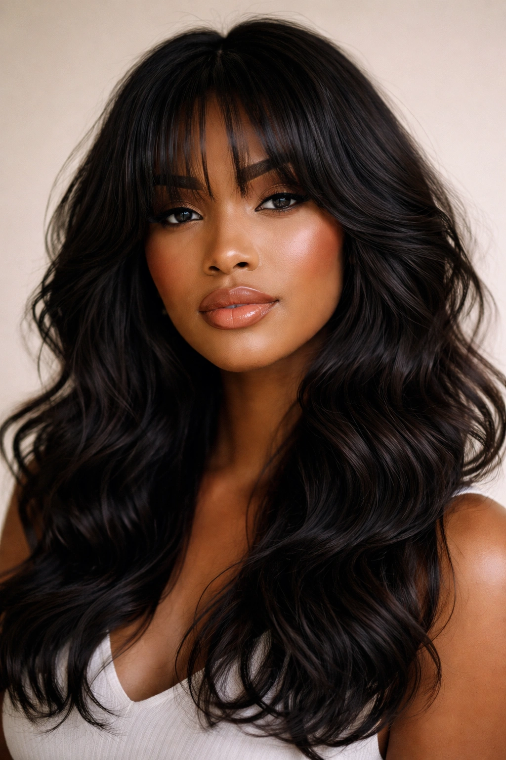 Close-up portrait of textured curtain bangs with layered waves on Black hair