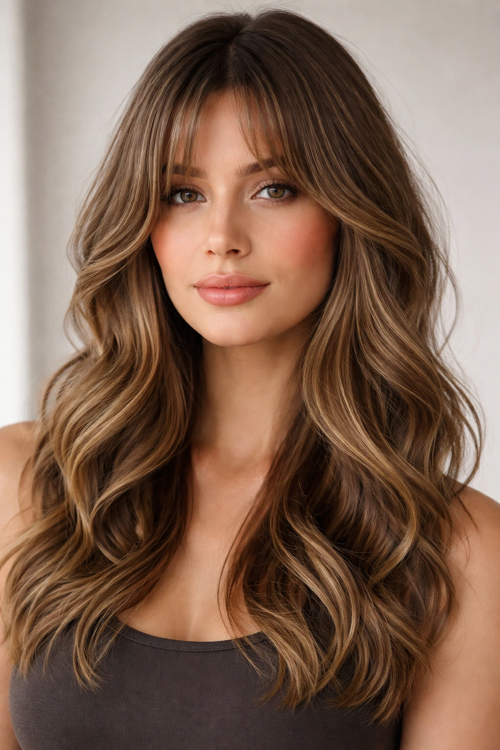 Close-up of hair featuring soft curtain bangs and layered waves