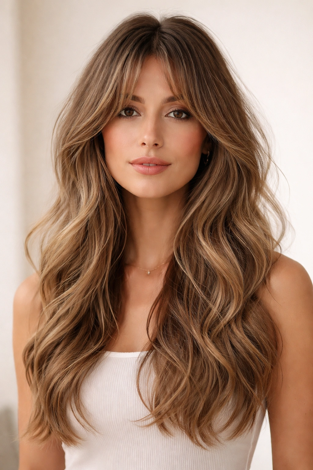 Curtain bangs parted in the middle with long waves in a studio portrait
