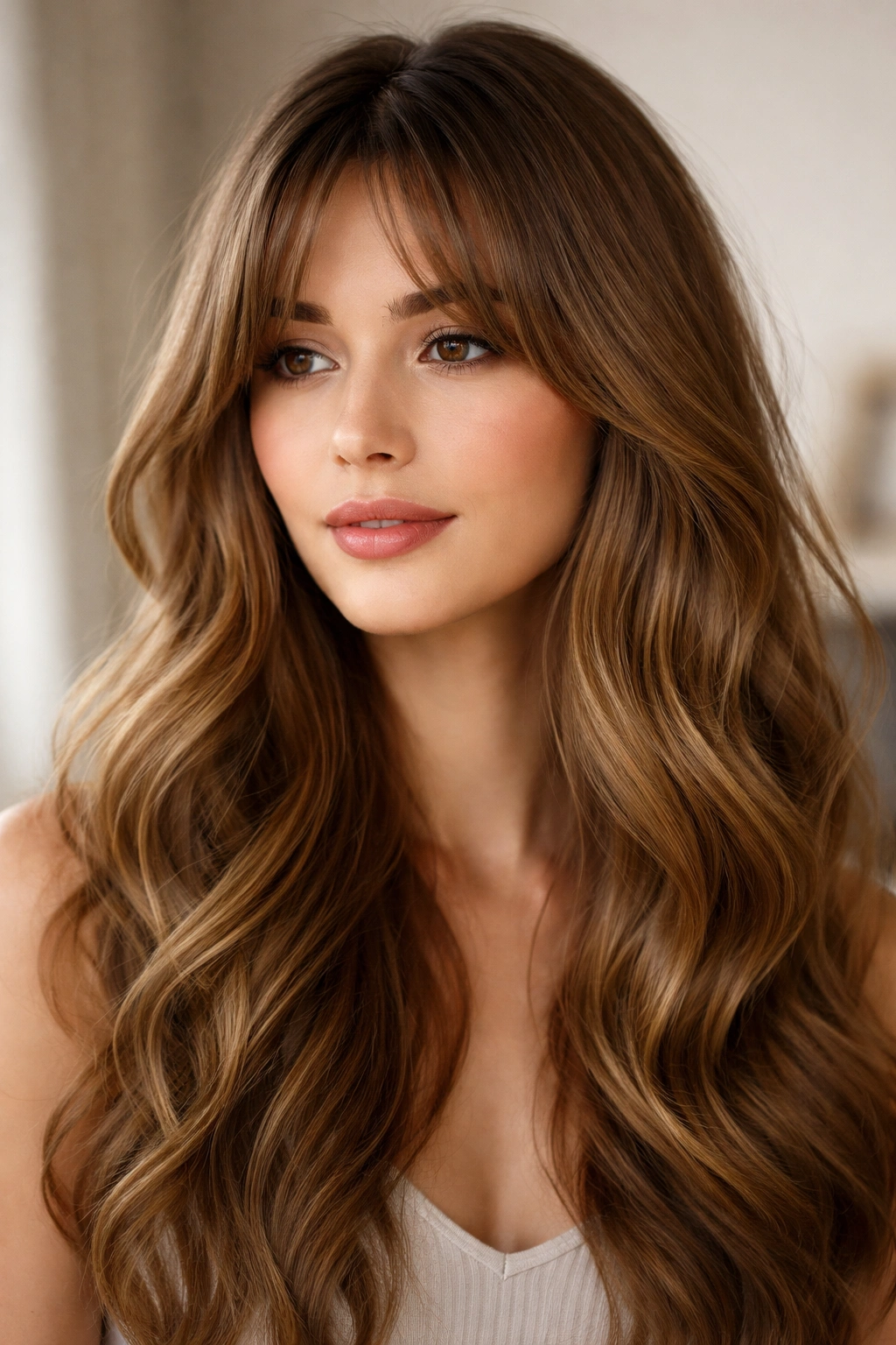 Curtain bangs with loose waves, centered-part hairstyle.