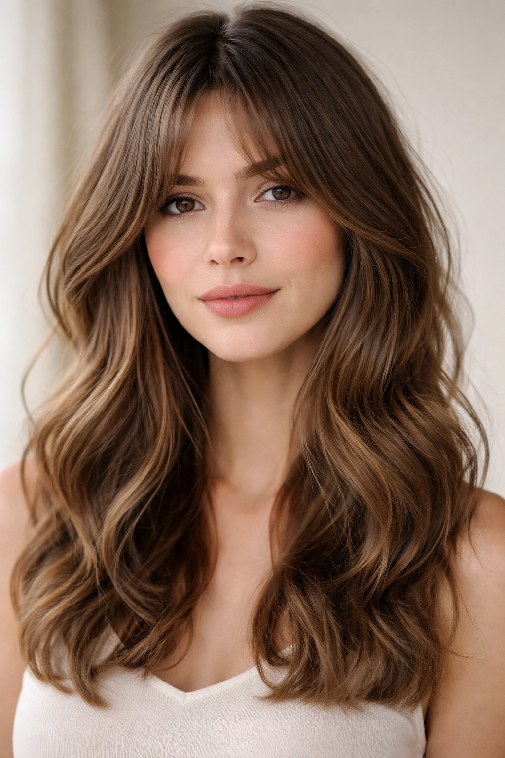 Close-up of curtain bangs with loose waves framing the face
