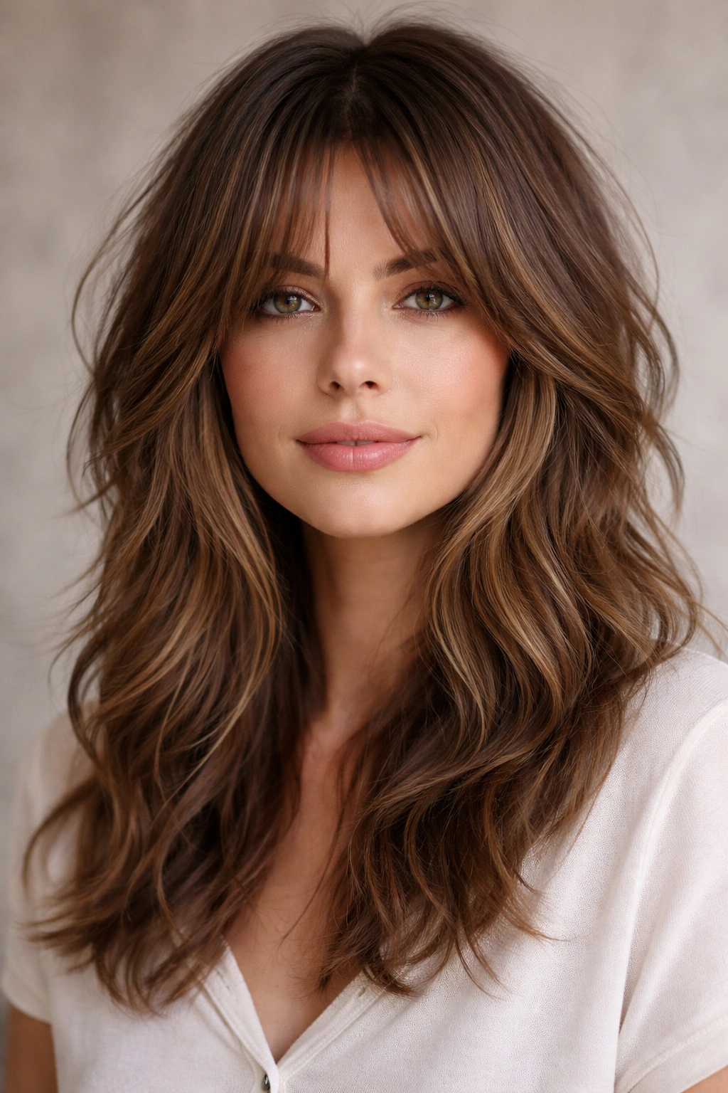 Curtain bangs with shag layers creating a soft face-framing hairstyle