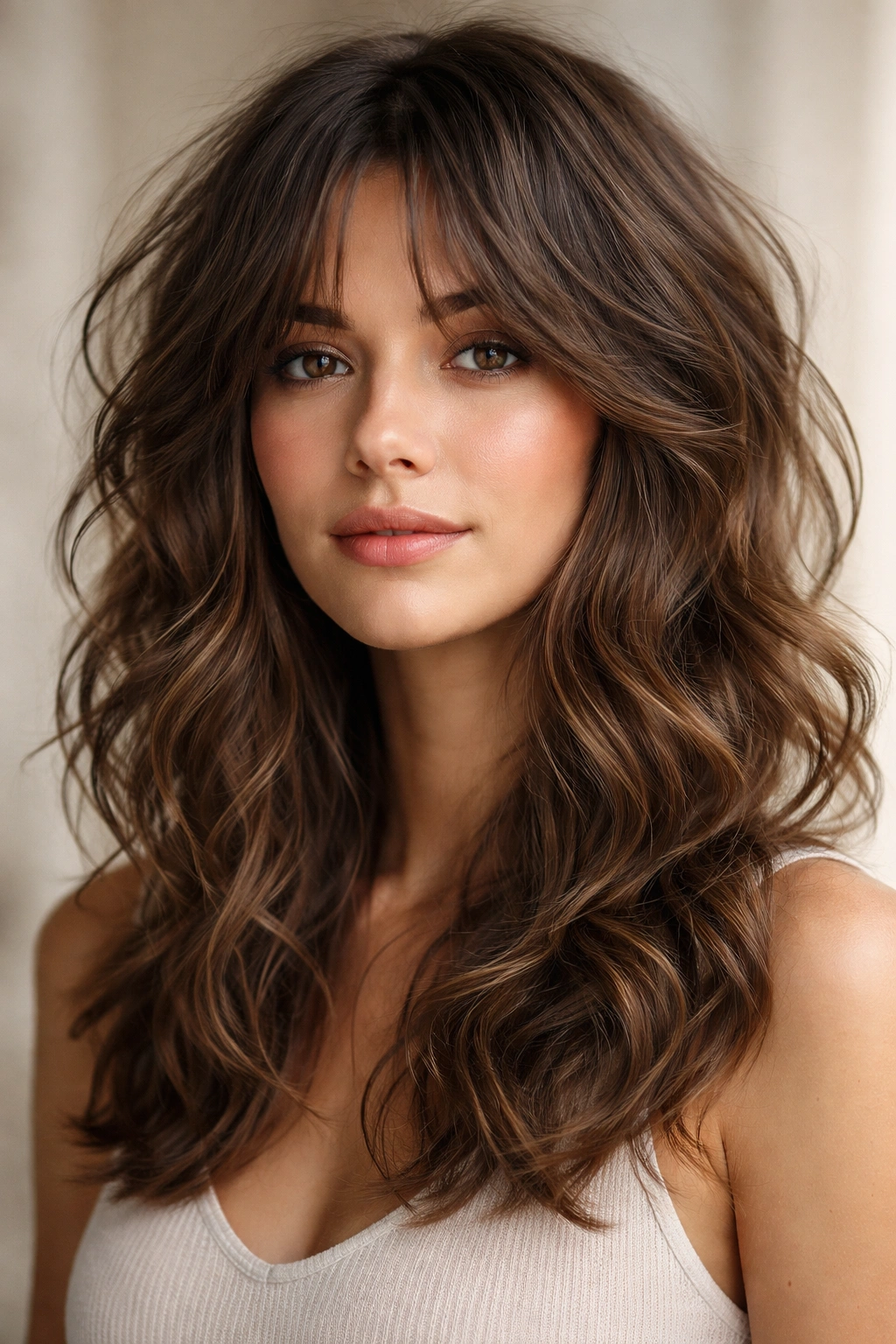 Portrait of hair with curtain bangs and shaggy textured layers
