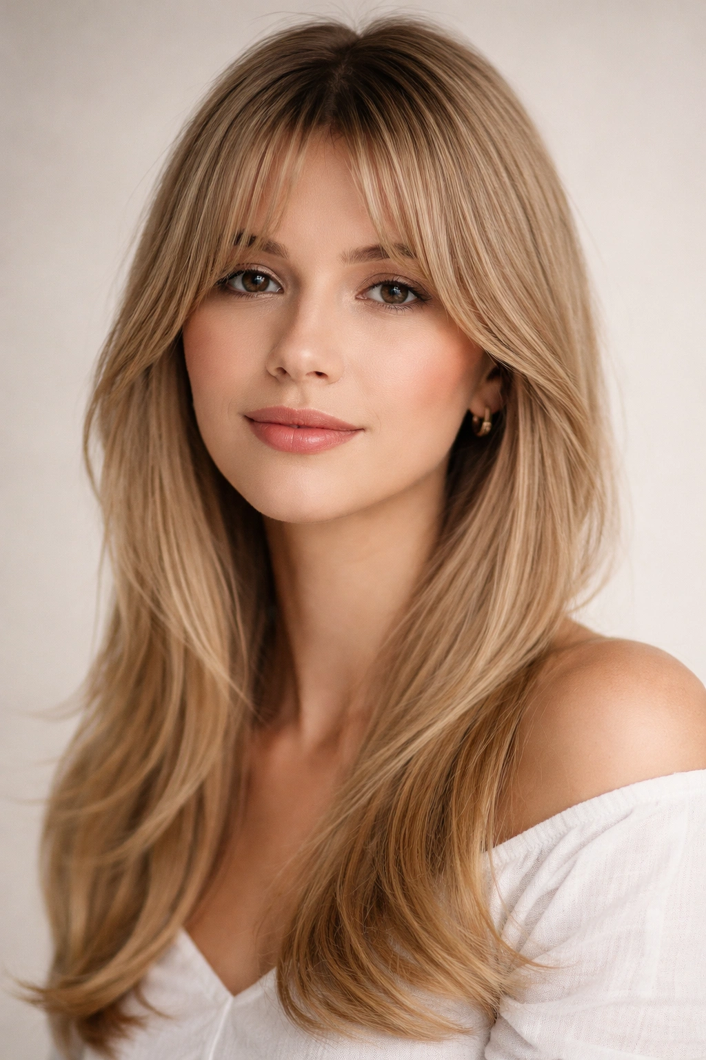 Portrait of a woman with fine straight hair and soft curtain bangs framing an oval face