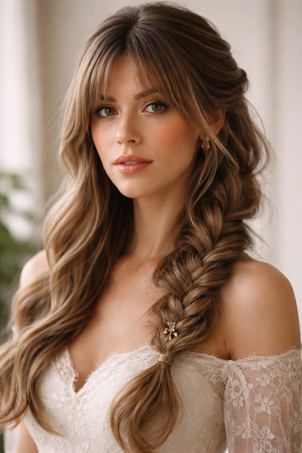 Curtain bangs parted center with a loose side braid in soft lighting