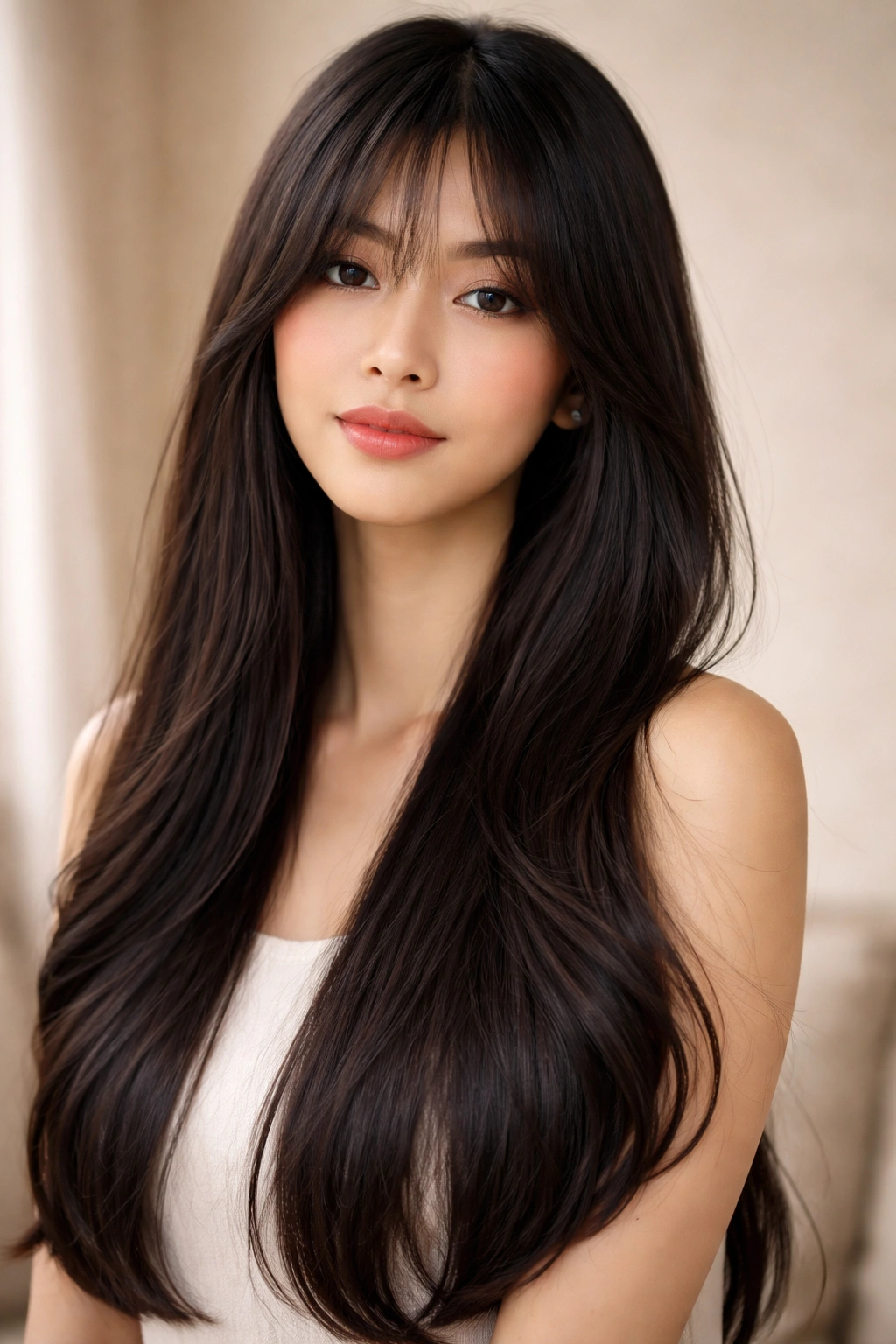 Head-and-shoulder shot of Asian woman with shoulder-length straight hair and soft curtain bangs.